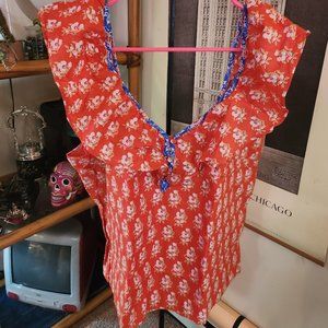 J. Crew boho ruffle scoop-neck blouse in with blue piping and button detail, XL